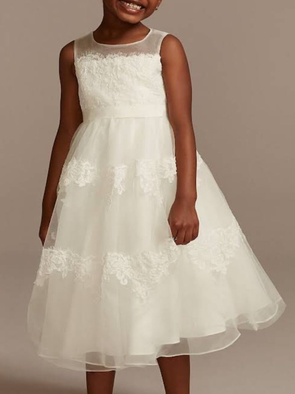 Gorgeous DAVID'S BRIDAL Banded ILLUSION Lace Flower Girl Lace IVORY dress